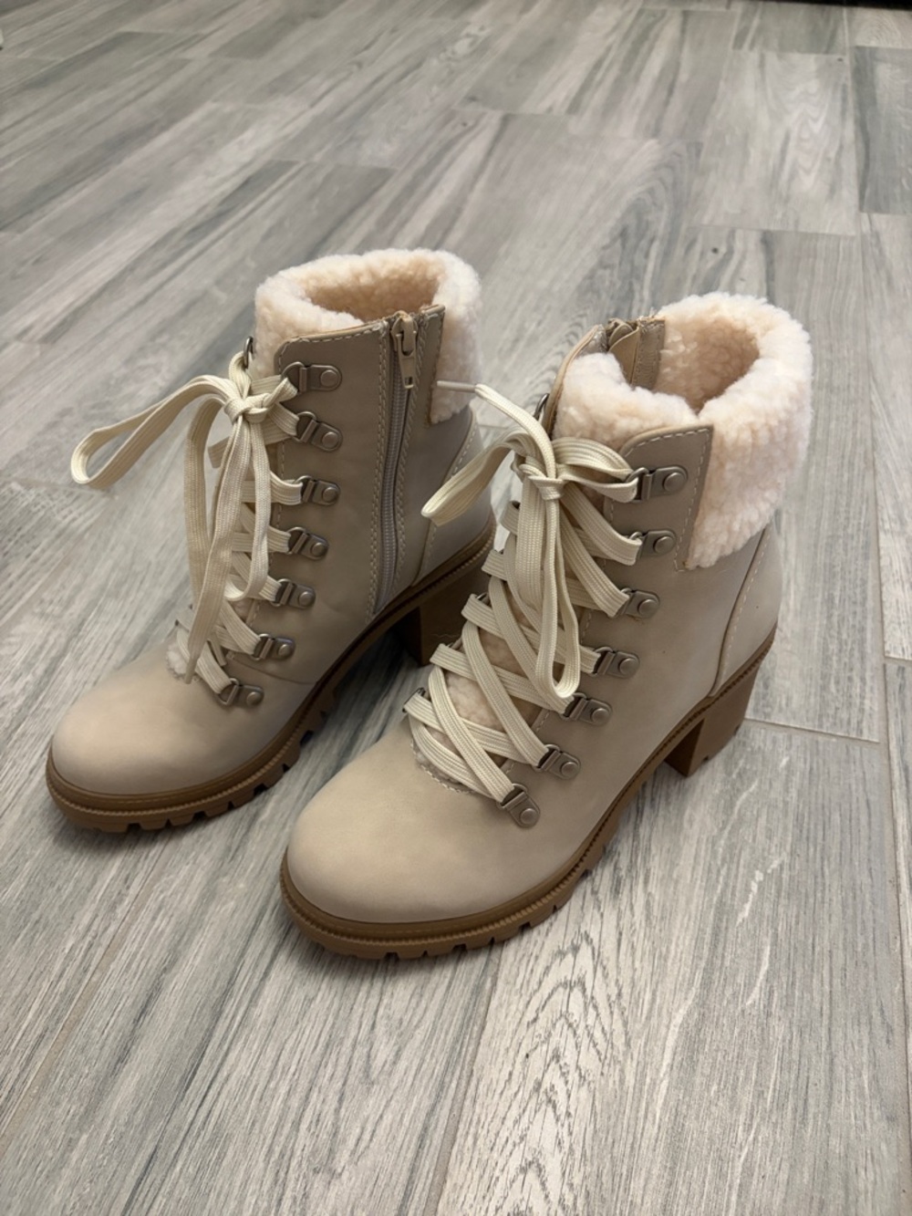 Women’s Lace-Up Faux-Shearling Ankle Boots in Cream